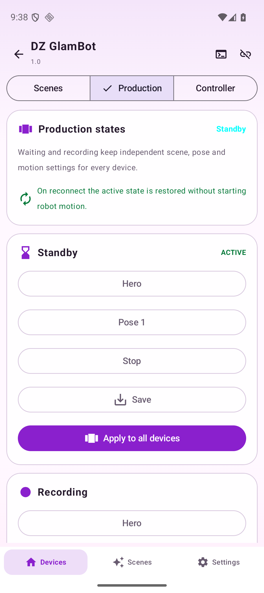 GlamBot work states on Android
