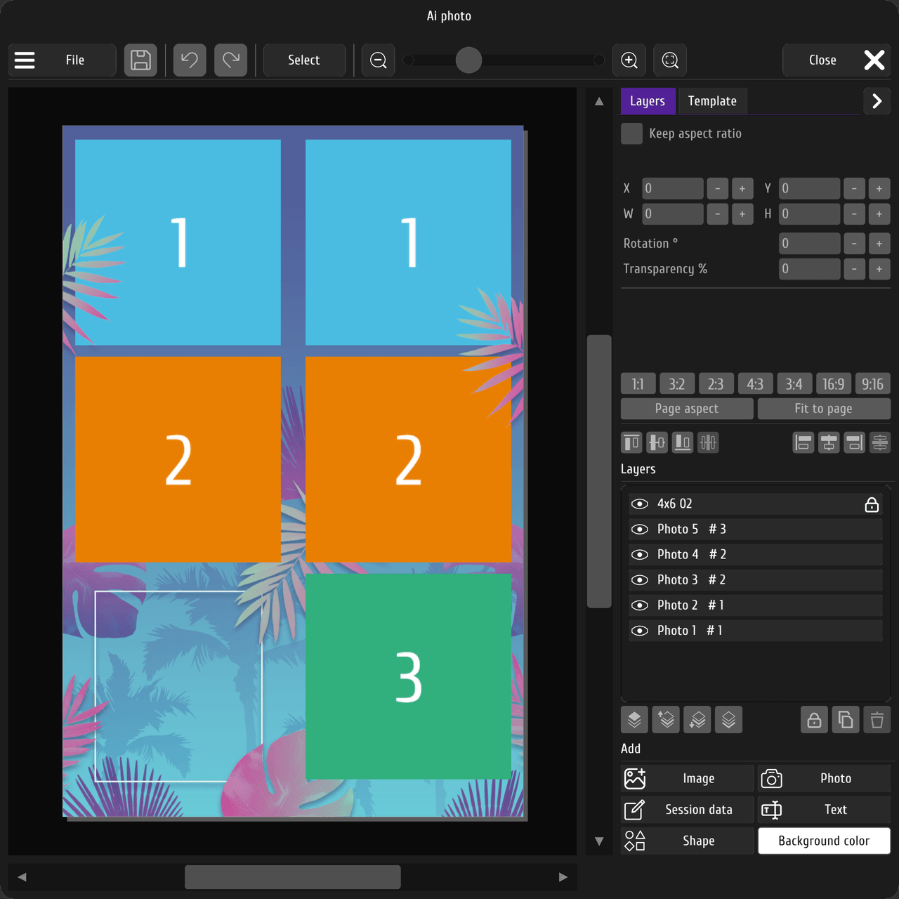 MixUp photo-template editor with layers and print layout